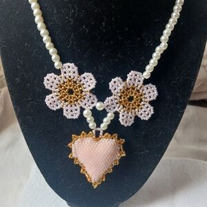 Elegant Pearl and Pink Floral Necklace